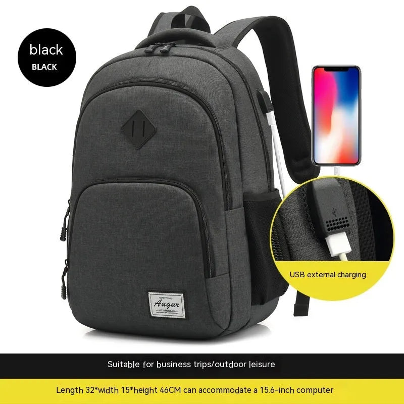 Grey nylon backpack with USB charging port showing dimensions 32x15x46cm