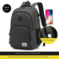 Grey nylon backpack with USB charging port showing dimensions 32x15x46cm