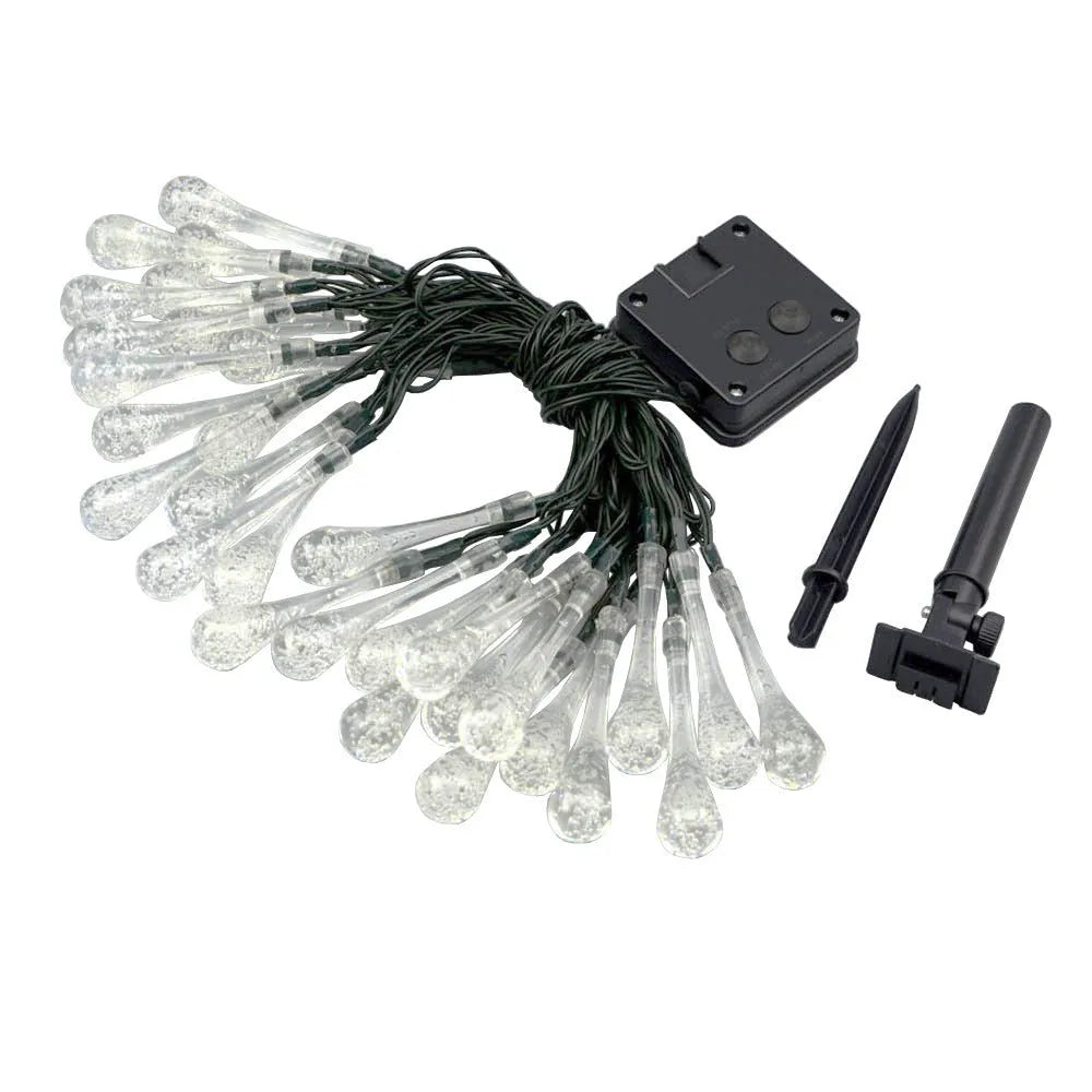 Solar-powered LED water drops string lights with 30 bulbs on 6.5 metre waterproof cable for outdoor garden use