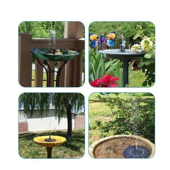 Black solar-powered floating fountain pump with four spray nozzles on a solar panel for garden ponds