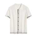 White short sleeve cardigan with contrasting colour lapels laid flat.