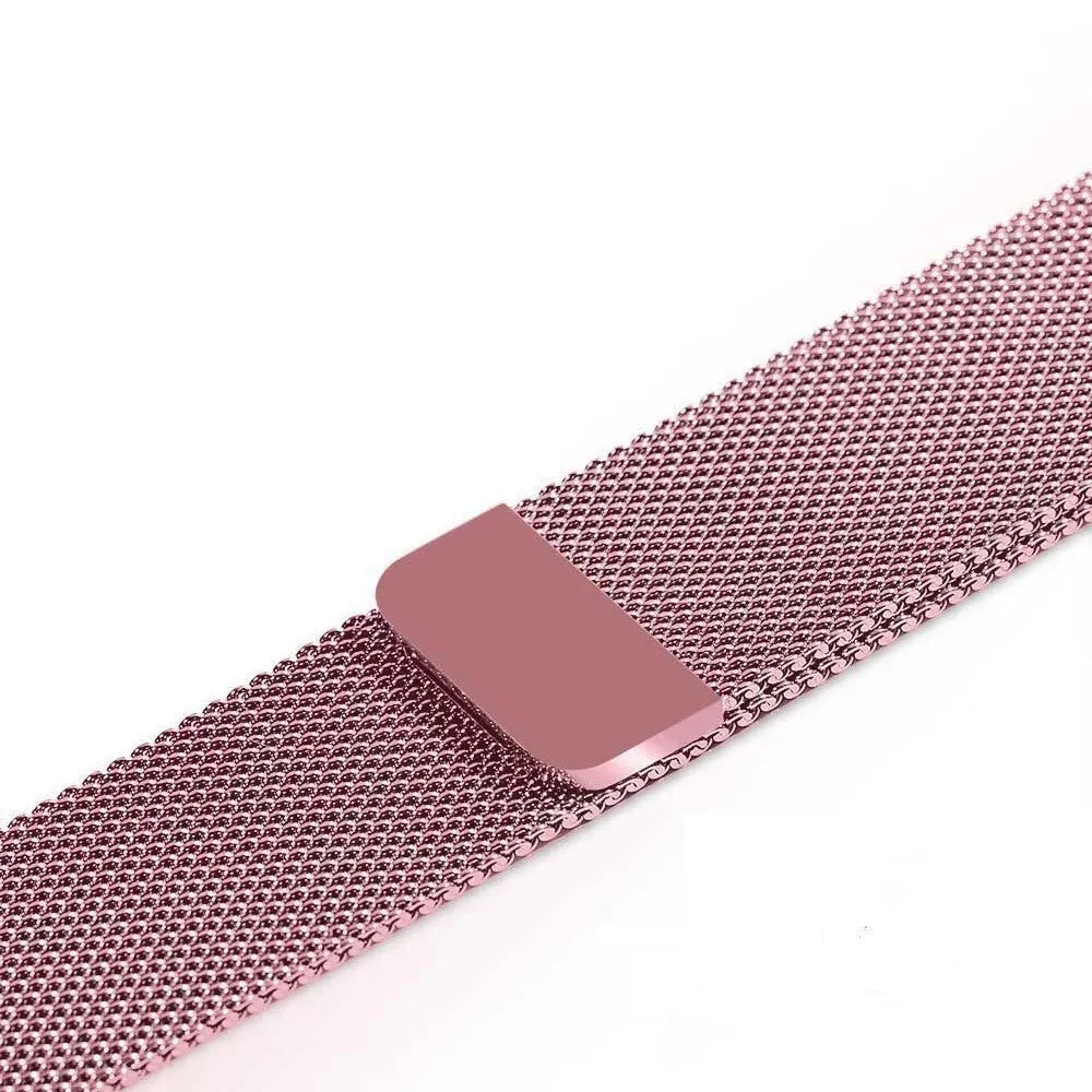 Stainless steel watch replacement strap in silver, shown next to black, gold, and rose gold options.