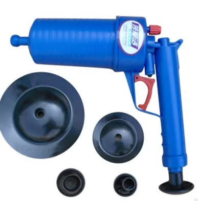 Manual high-pressure plastic drain blaster gun with four different-sized rubber suction adaptors.