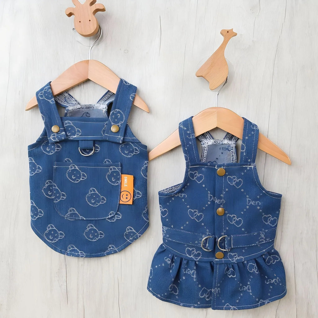 Blue denim dog dress with bracket-style design for small pets in spring and autumn