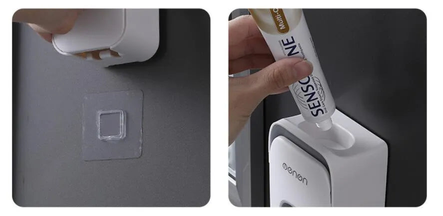 Automatic wall-mounted toothpaste dispenser in blue, grey, and pink colours with USB charging cable.
