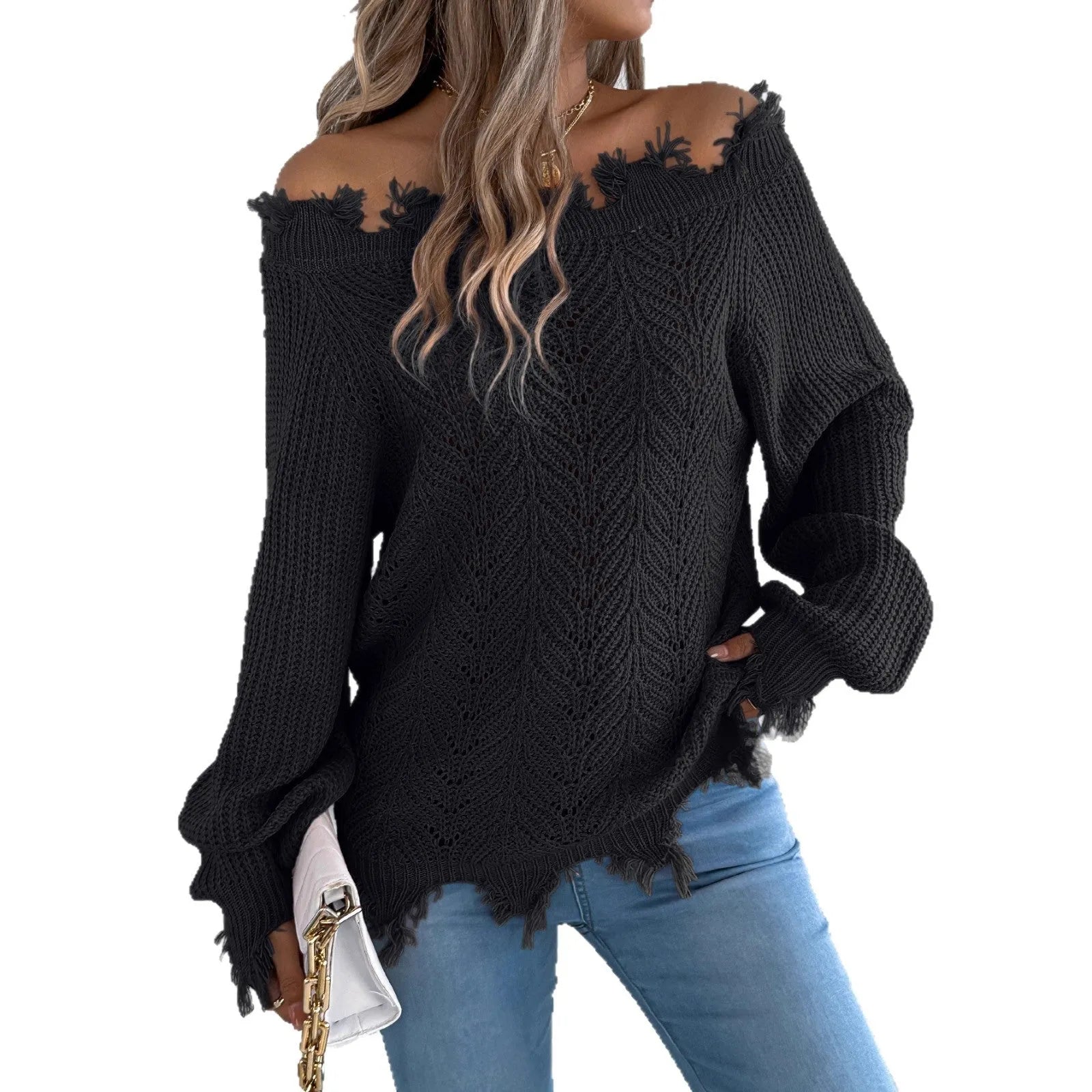 White hollow-out cut-off shoulder pullover sweater with long sleeves on hanger