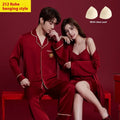 Red ice silk polyester pyjama set for men and women with long sleeves and trousers