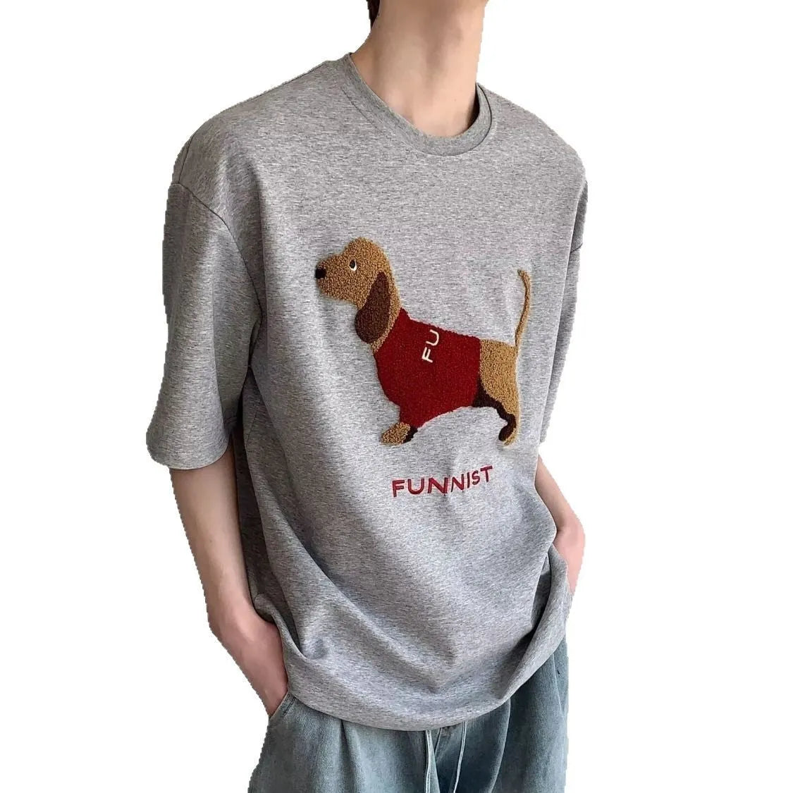 Grey men's t-shirt with embroidered sausage dog in a towel design on the front.