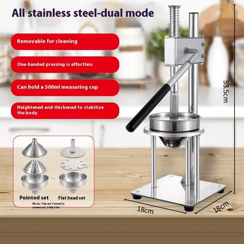 Manual stainless steel citrus juicer with quick-disassembly mechanism and choice of flat or pointed die.
