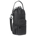 Cloth water bottle pouch crossbody bag with adjustable strap in black, green, and pink.