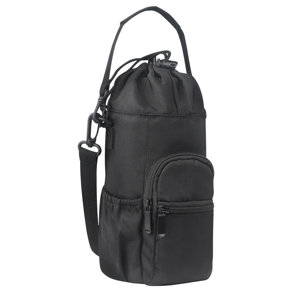 Cloth water bottle pouch crossbody bag with adjustable strap in black, green, and pink.