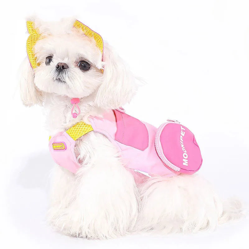 Pink polyester pet vest for small dog breeds on mannequin showing harness design