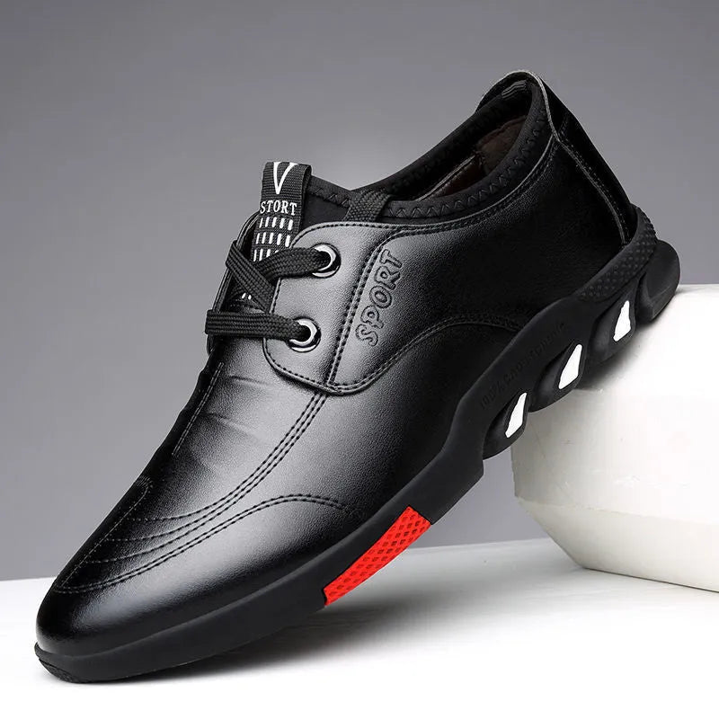 Men's black and brown PU leather flat loafers for business-casual spring wear.