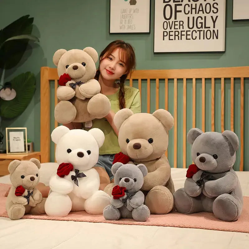 Plush teddy bear pillow in rose bear colours with cartoon design, shown in 25cm, 35cm and 45cm sizes