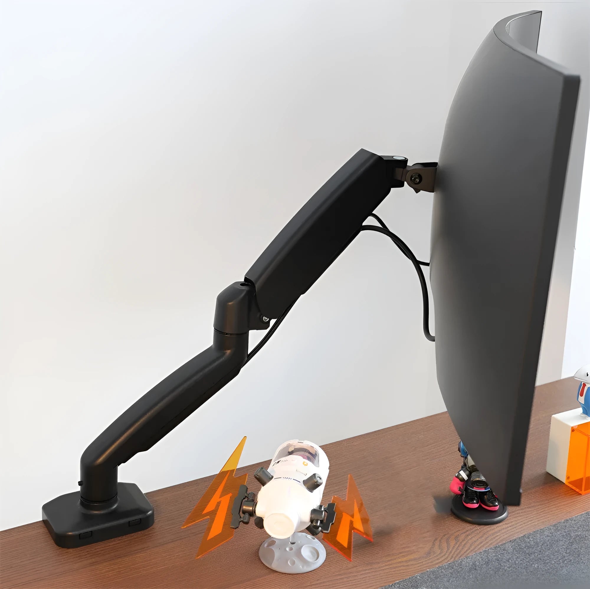 Black rotating telescopic LCD screen bracket on table with adjustable height and angle