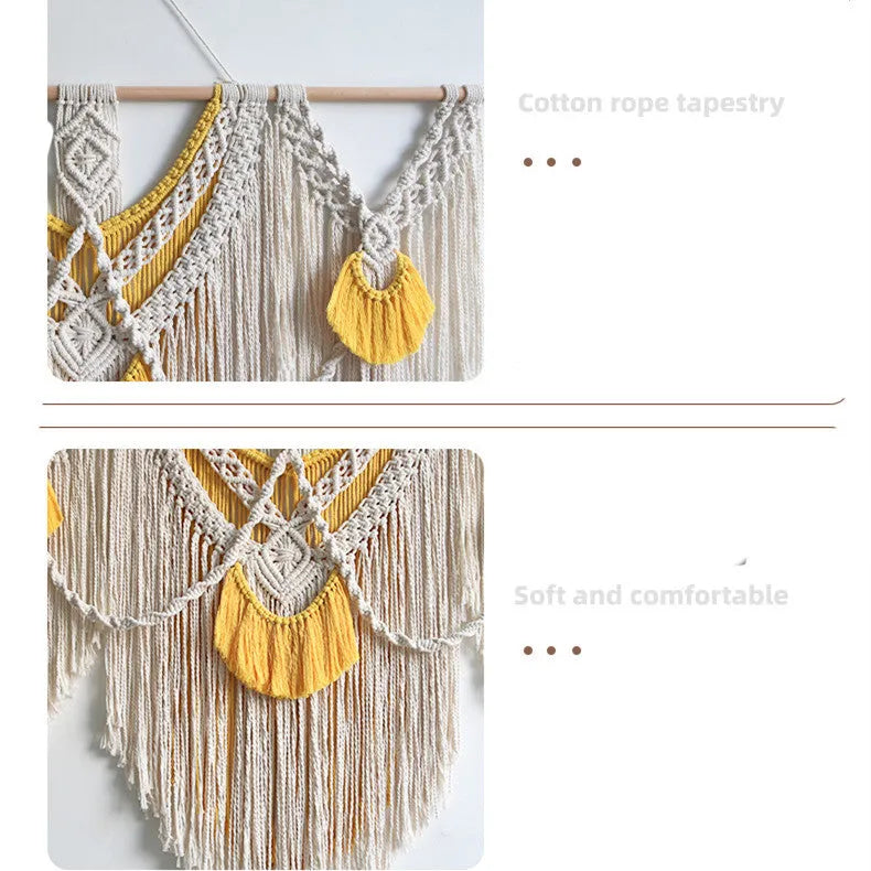 Hand-woven Nordic style cotton tapestry wall hanging 120cm by 95cm creamy white with yellow accents
