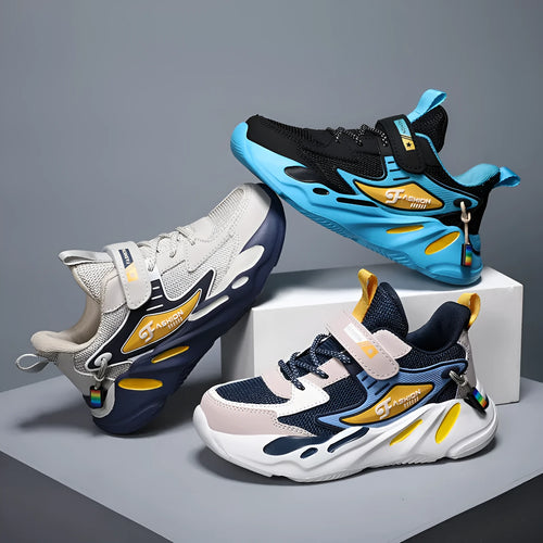 Boys' platform sports running shoes in dark blue with Velcro strap and mesh upper.