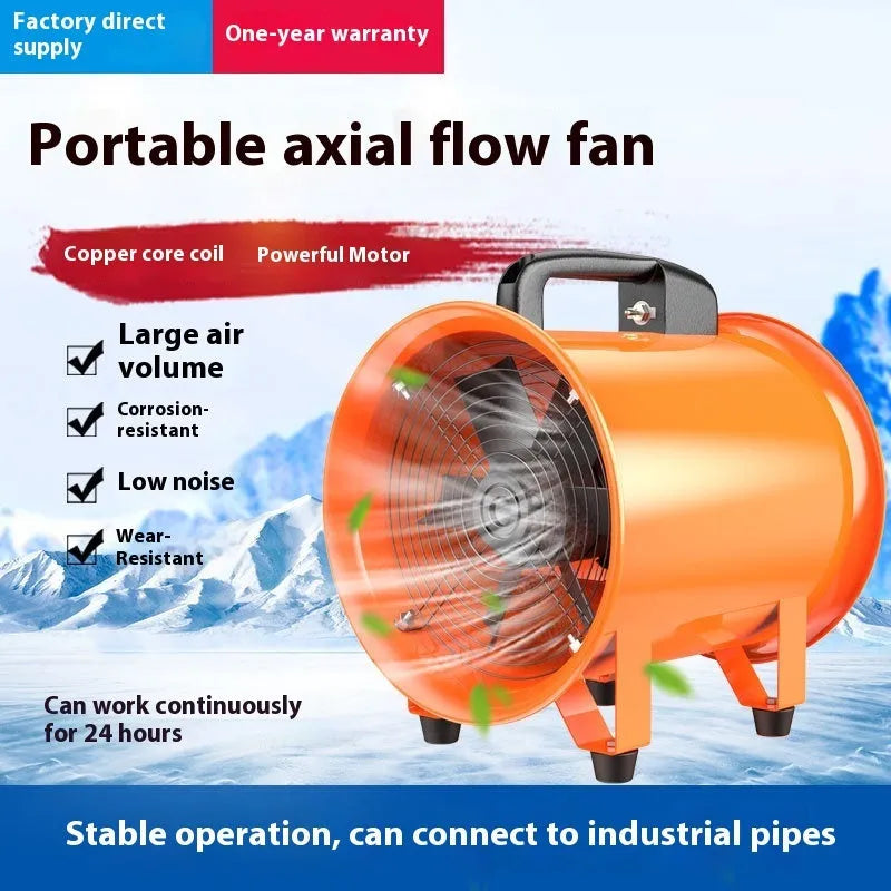 8-inch portable titanium steel industrial axial flow fan with a 5-metre flexible air duct for ventilation.