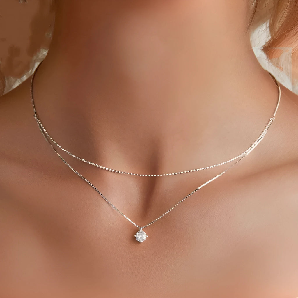 Women's double-layer pendant necklace in 925 silver with pearl chain style in silver colour