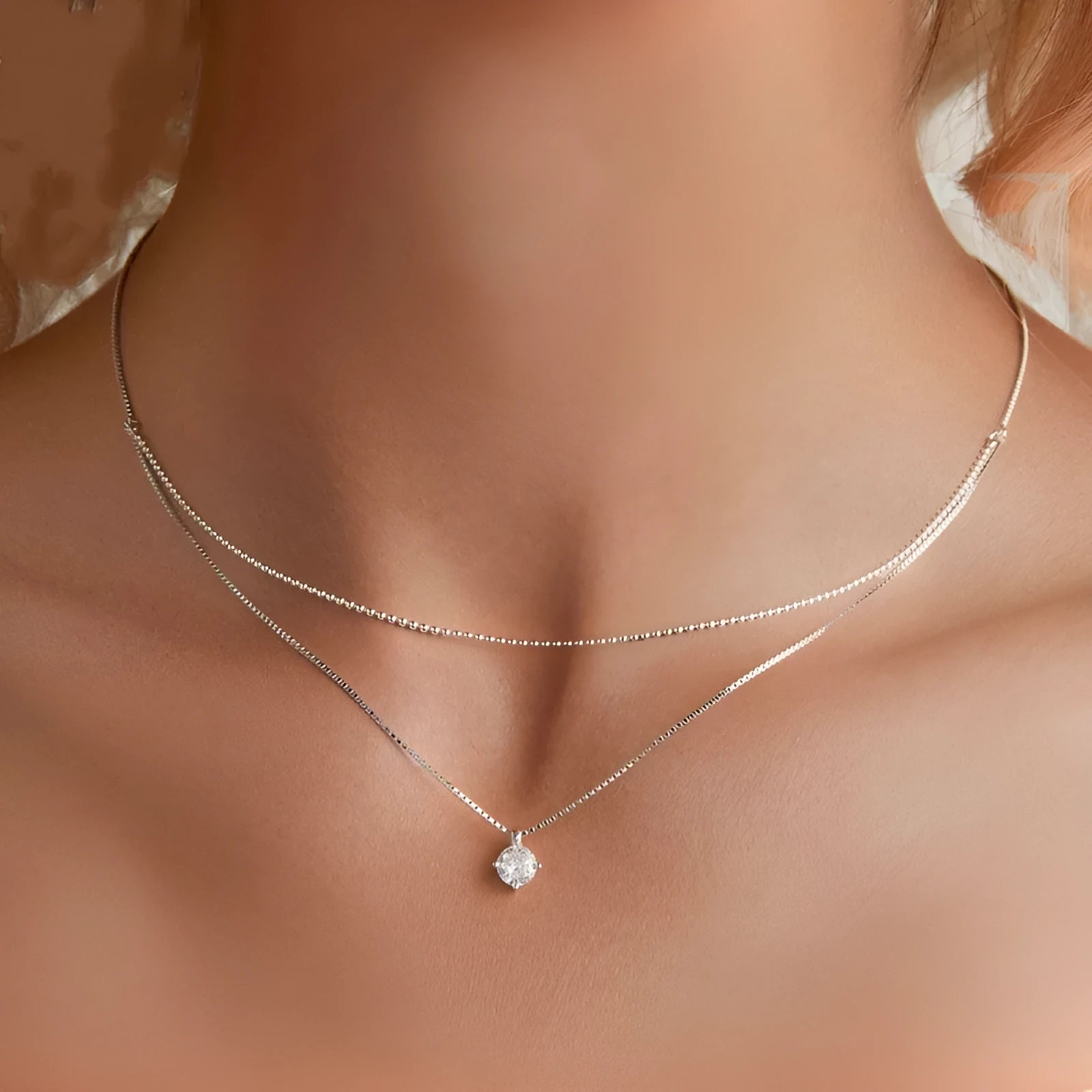Women's double-layer pendant necklace in 925 silver with pearl chain style in silver colour