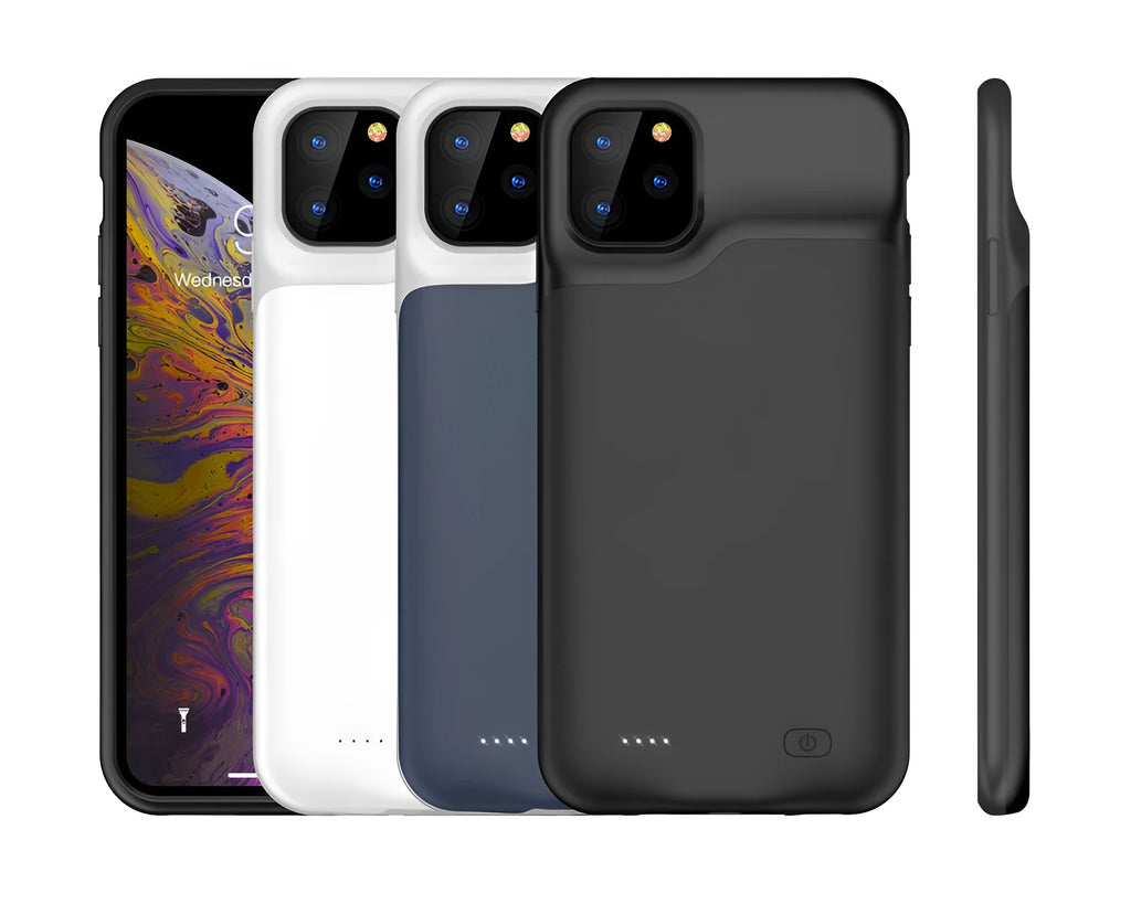 Shockproof silicone iPhone battery charger case shown in available colours: black, blue, pink, and white.