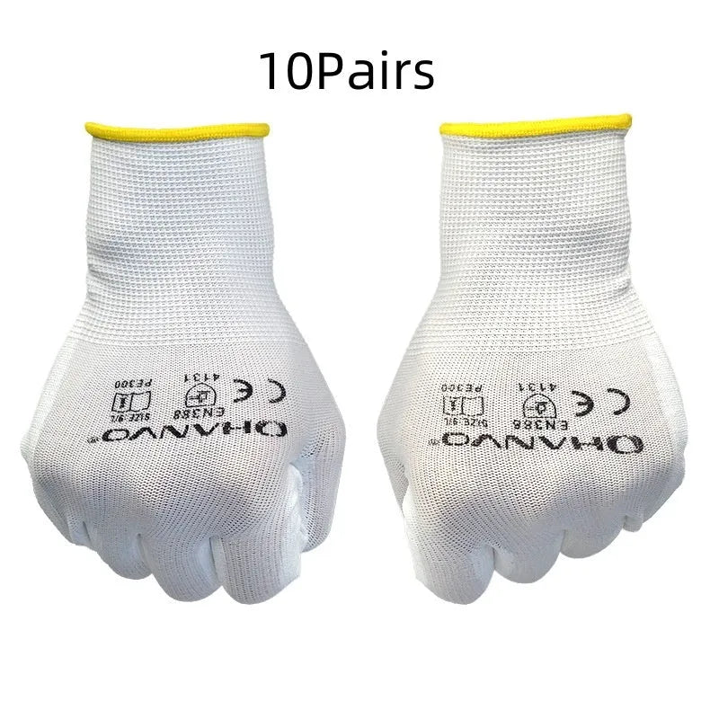 White PU coated labour gloves showing palm coating and mesh back panel