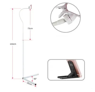 Black and white universal mobile phone holder shown as a bedside bracket and an under-bed floor stand.