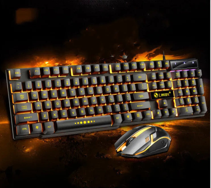 Limei Gtx300 wired USB gaming keyboard and mouse set in four colour options on a desktop.