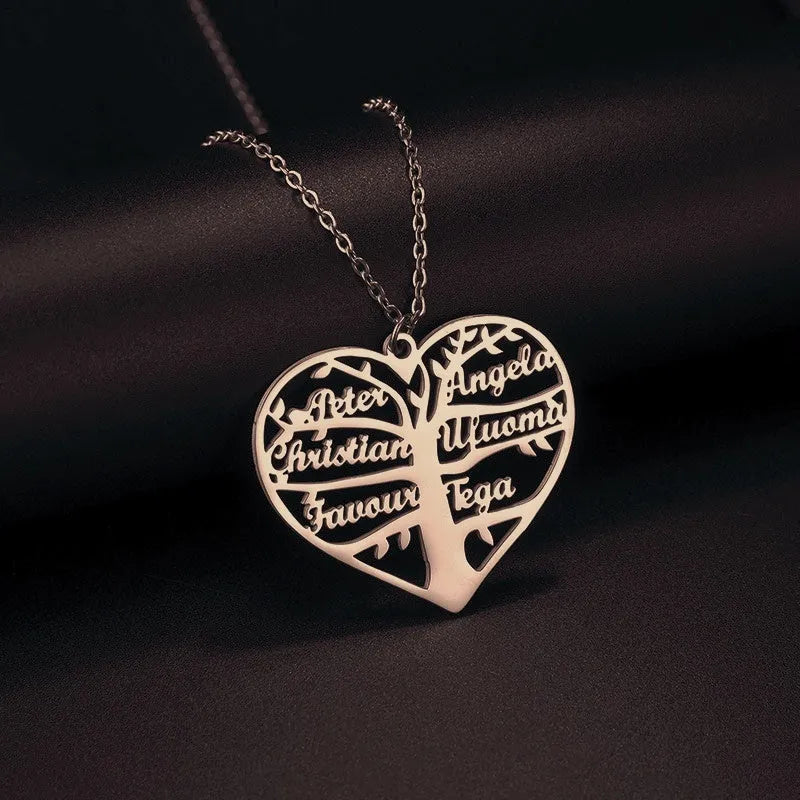 Custom stainless steel necklace with hollow heart lucky tree pendant engraved with names, shown in silver, gold, and rose gold colours.