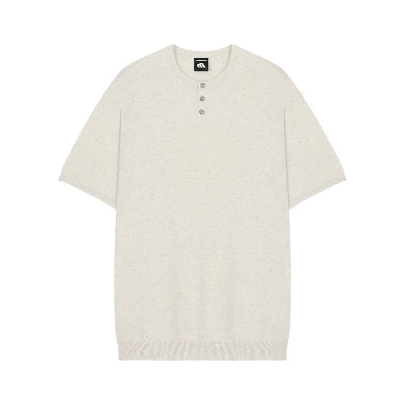 Men's black thin slim-fit short-sleeved knitted pullover shirt on a hanger.
