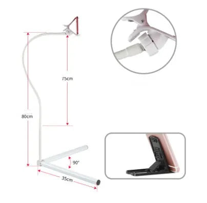 Black and white universal mobile phone holder shown as a bedside bracket and an under-bed floor stand.