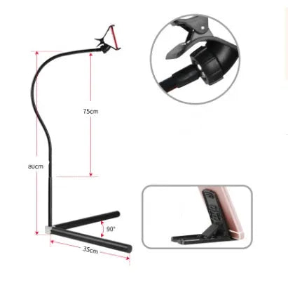 Black and white universal mobile phone holder shown as a bedside bracket and an under-bed floor stand.