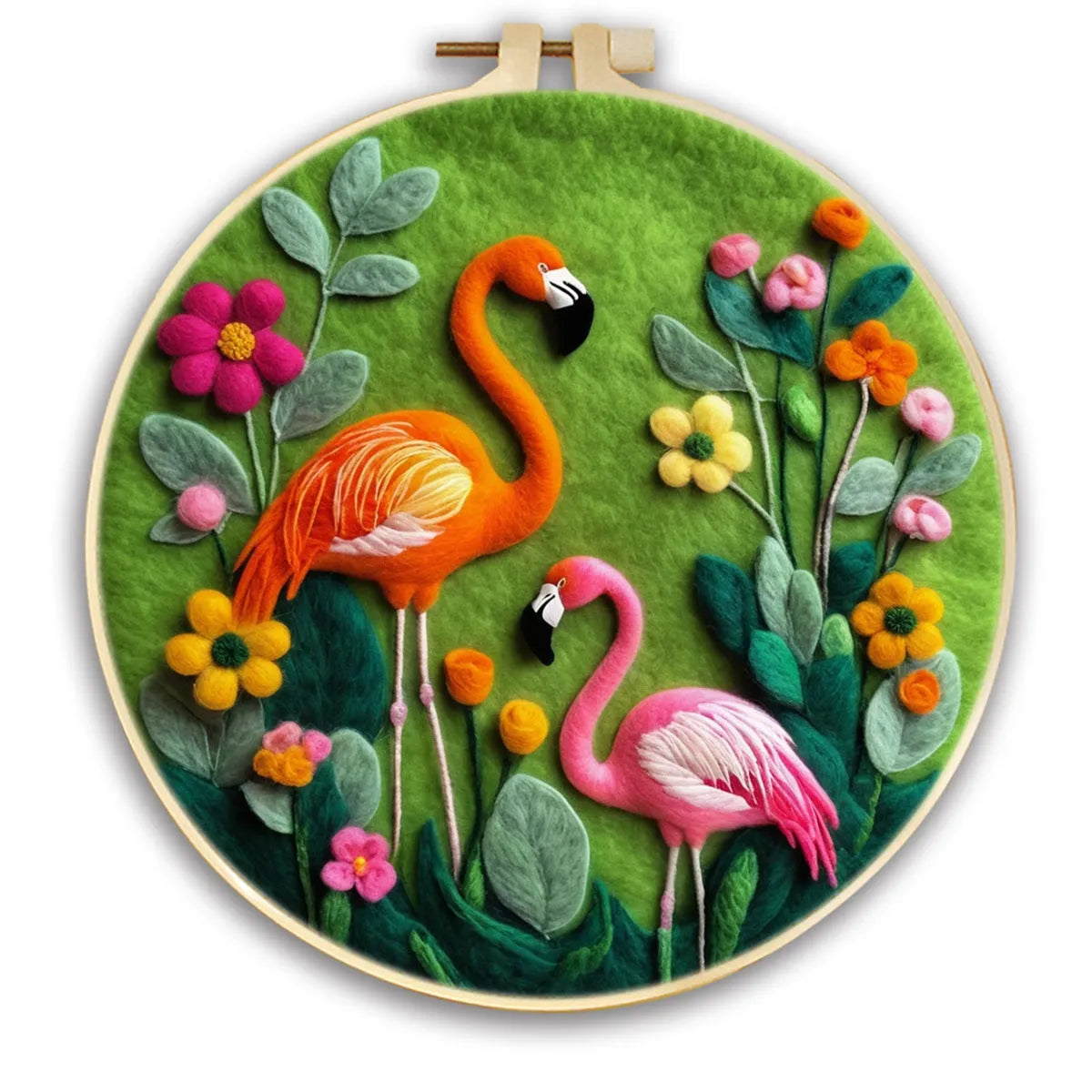 Round linen embroidery kit with wool felt materials for three-dimensional floral design