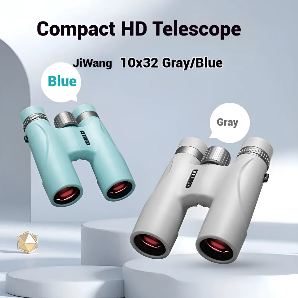 Wine red film imaging bright binoculars in grey or blue colour with 10x32 specifications.