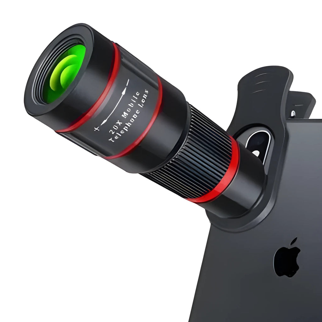 20x mobile phone telescope lens with universal mounting clip and single eye mask on a white background.