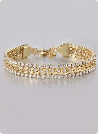 Gold tennis bracelet with artificial gemstones on titanium steel base for men and women