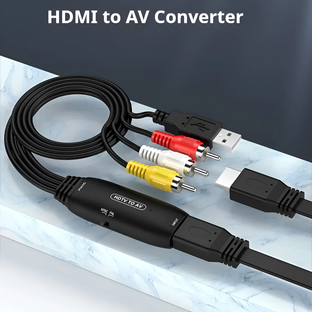 HDMI to AV converter cable with 110cm length showing both RCA and 2-terminal connector options