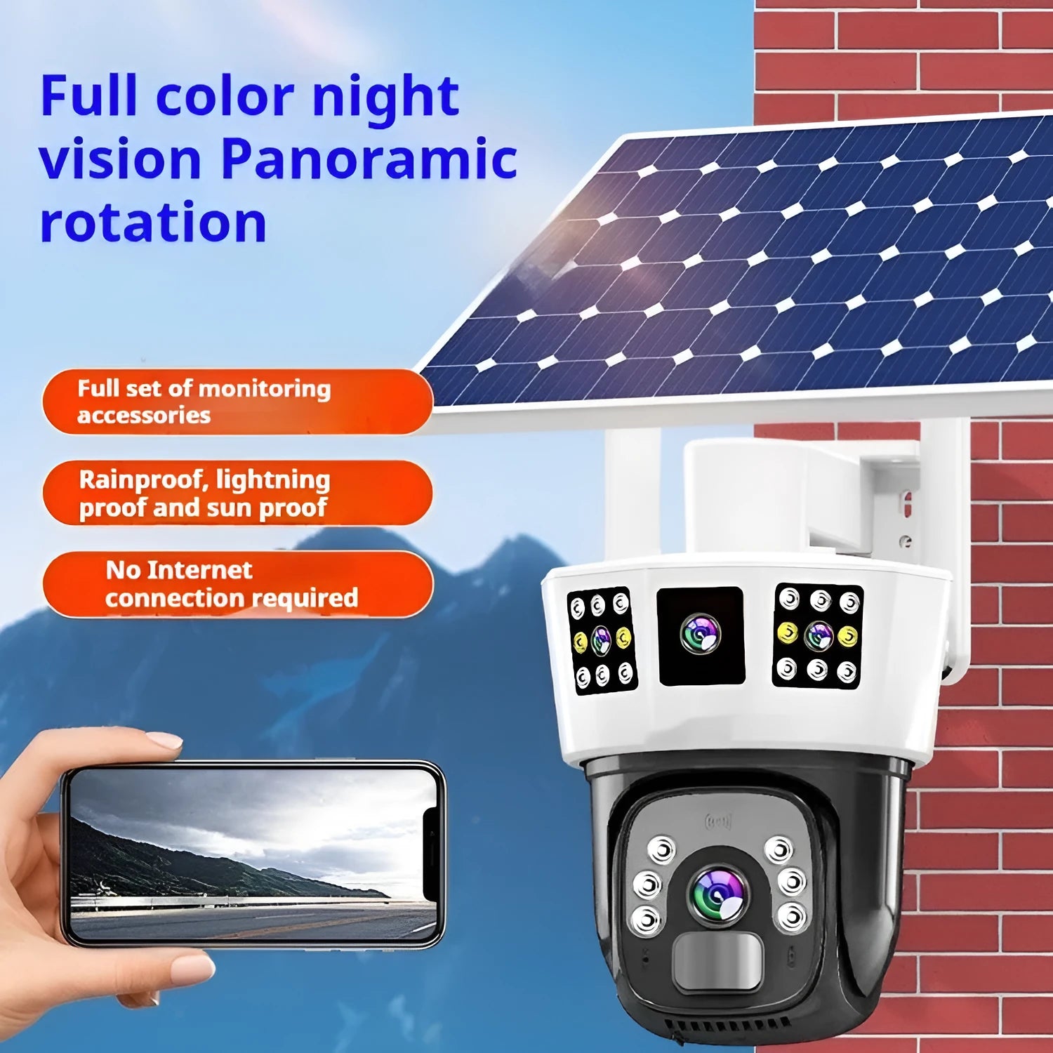 Solar-powered outdoor surveillance camera with three screens and solar panel