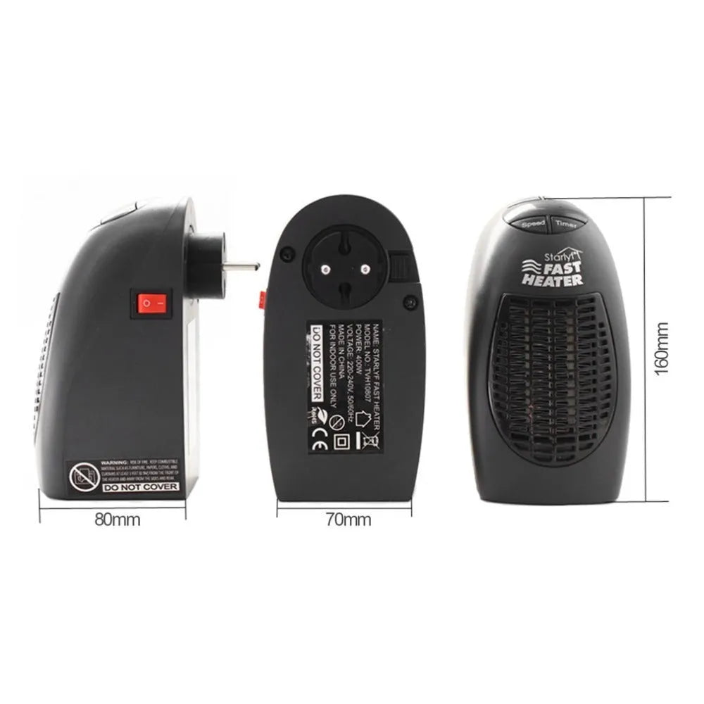Black compact ceramic electric heater with digital display and rotating three-prong plug