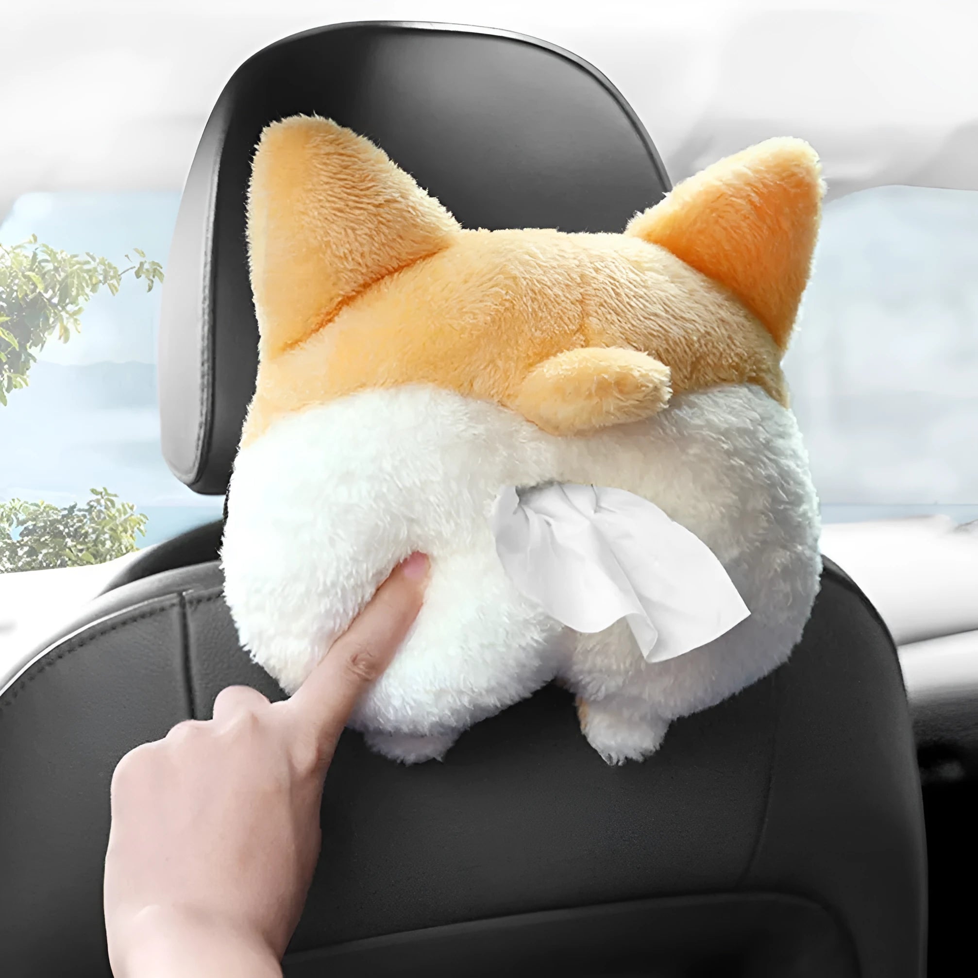 Yellow corgi butt shaped tissue box cover with elastic backing for car sun visor attachment