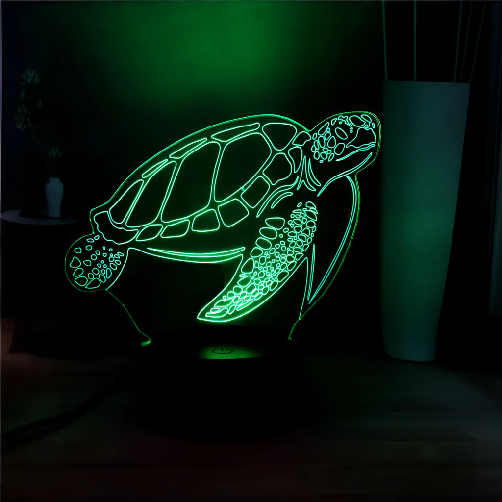 3D clear acrylic turtle-shaped LED night light showing multiple colour options.