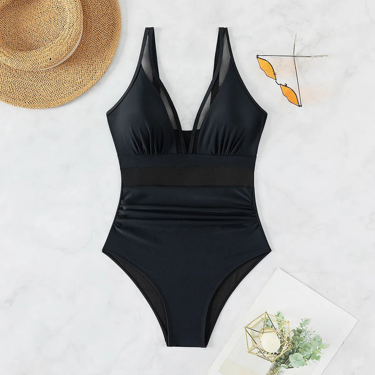 Black mesh halter bikini one-piece swimsuit for women with sleeveless design