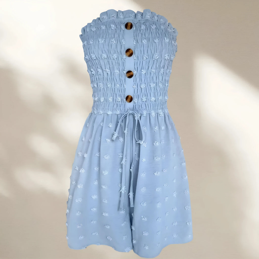 Women's blue off-the-shoulder jumpsuit with sleeveless design and button details