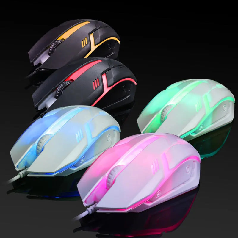 Wired USB computer mouse with LED glowing effects in black or white colour options on desktop