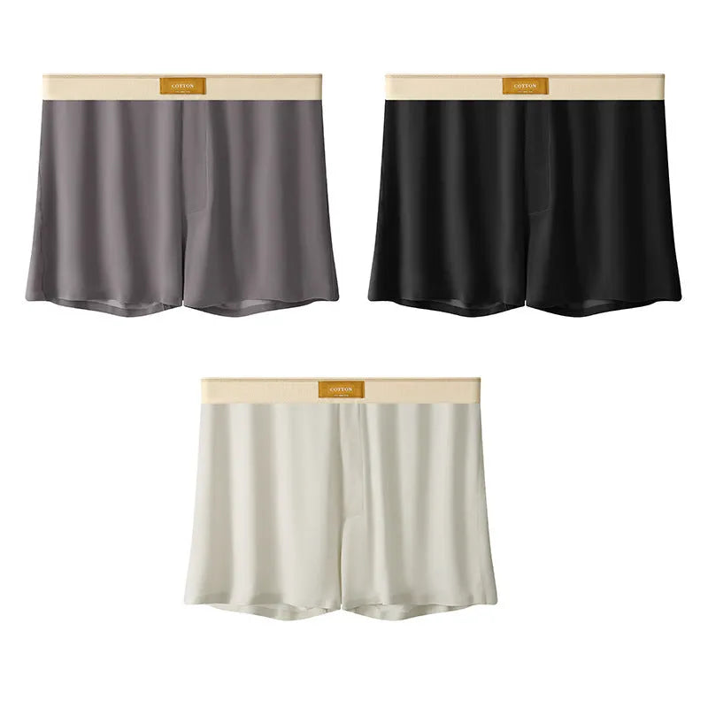 Pack of three pairs of men's solid colour ice silk underwear in loose fit.