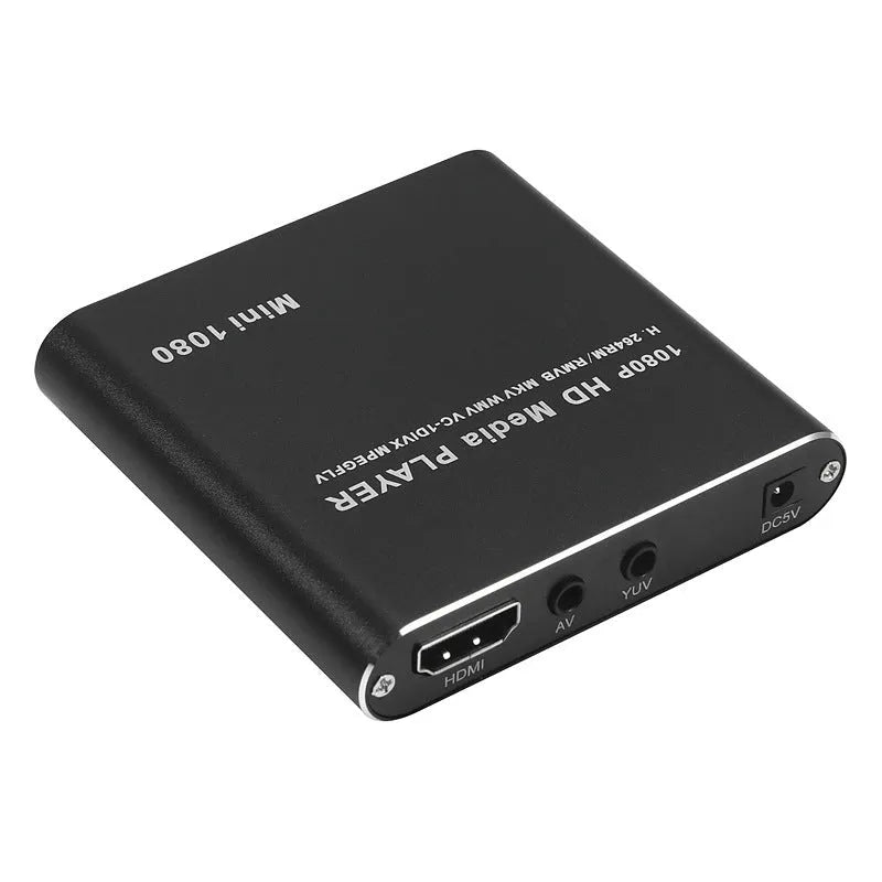 Compact black 1080P Full HD media player with ports for HDMI, USB, SD card, and power.