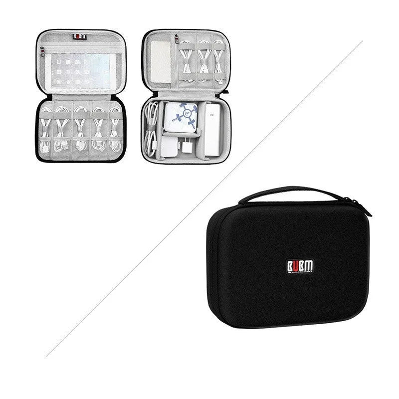 Black EVA digital storage bag with headset storage compartments open showing organisation for cables and accessories