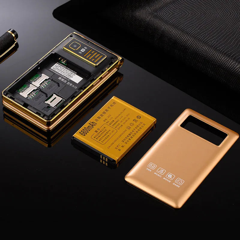 Dual screen flip A15 mobile phone in black, brown, or gold with touch screen and external display