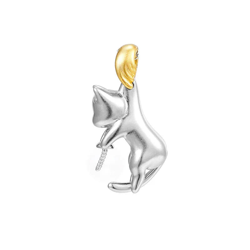 Sterling silver clavicle necklace with cat pendant on model, showing electroplated finish and professional styling