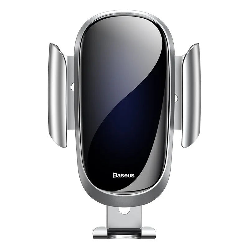 Smart car bracket mount holding a mobile phone, showing 360-degree rotation and adjustable clamp.